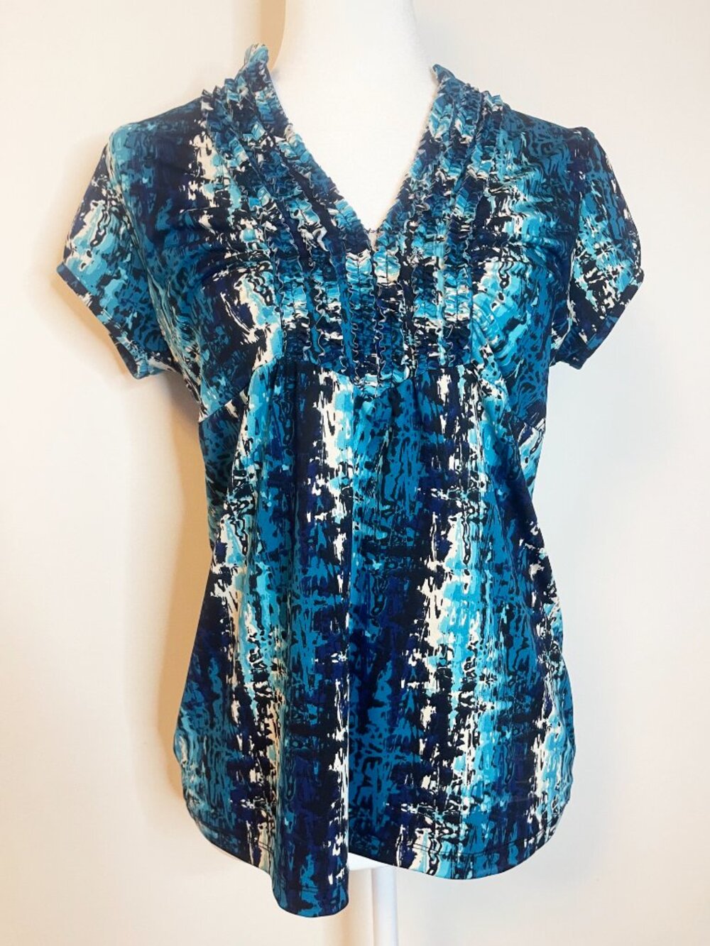 Vintage L8ter Blue Abstract Print Ruffle V-Neck Top Size Large Y2K Festival